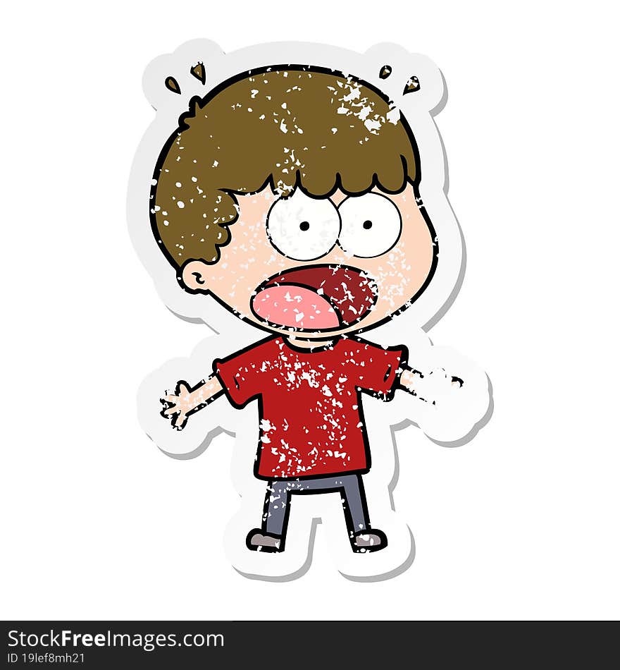 distressed sticker of a cartoon shocked man