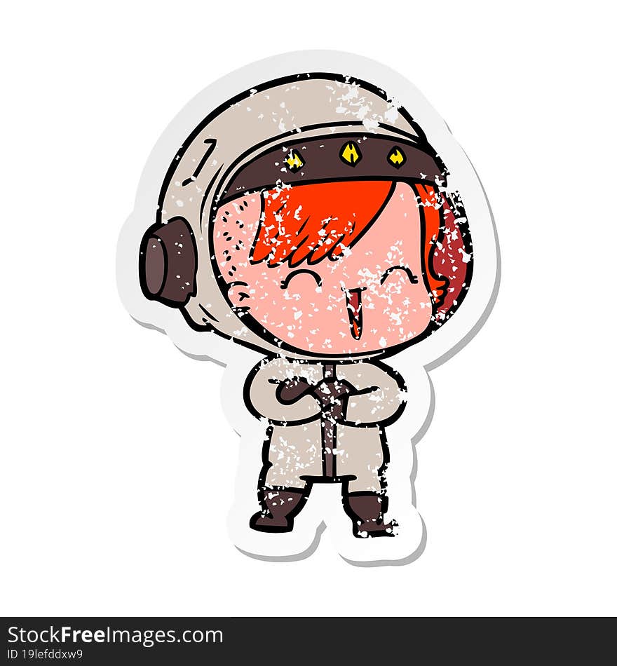 Distressed Sticker Of A Cartoon Laughing Astronaut Girl