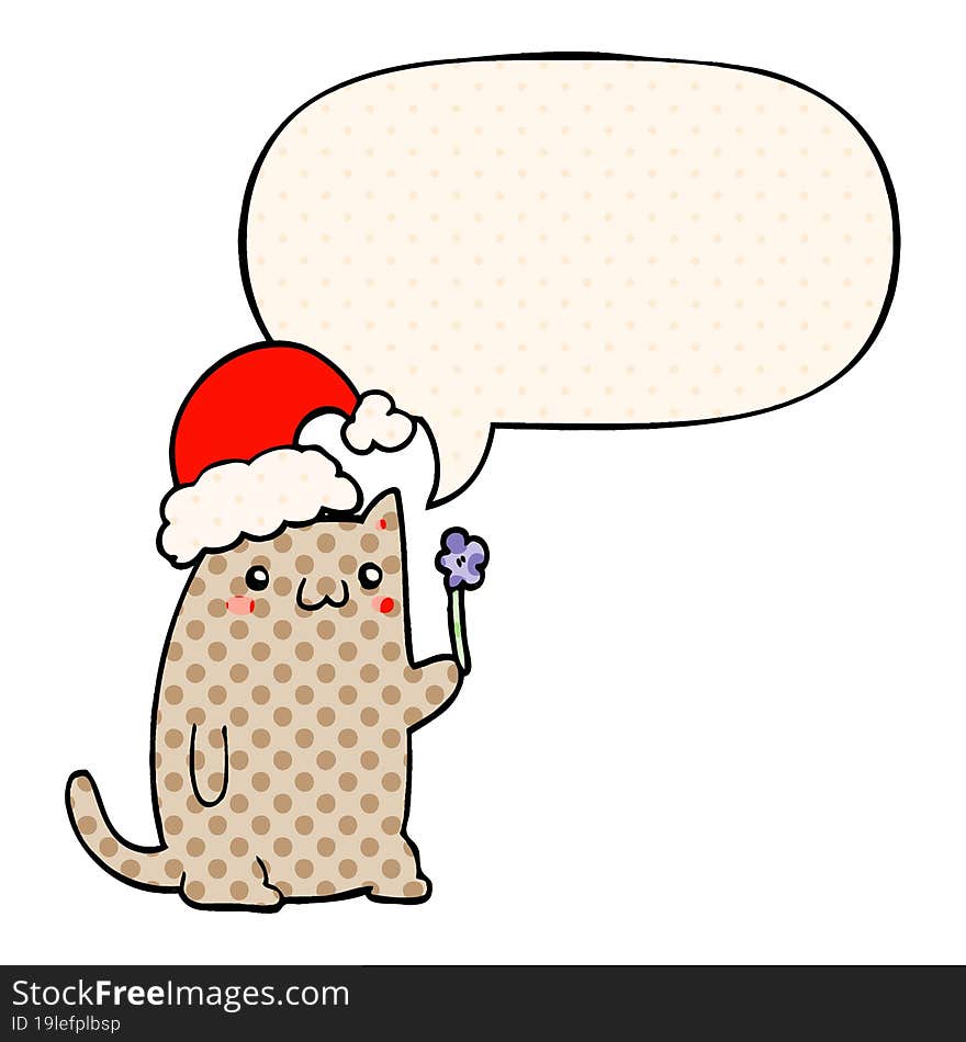 cute cartoon christmas cat and speech bubble in comic book style