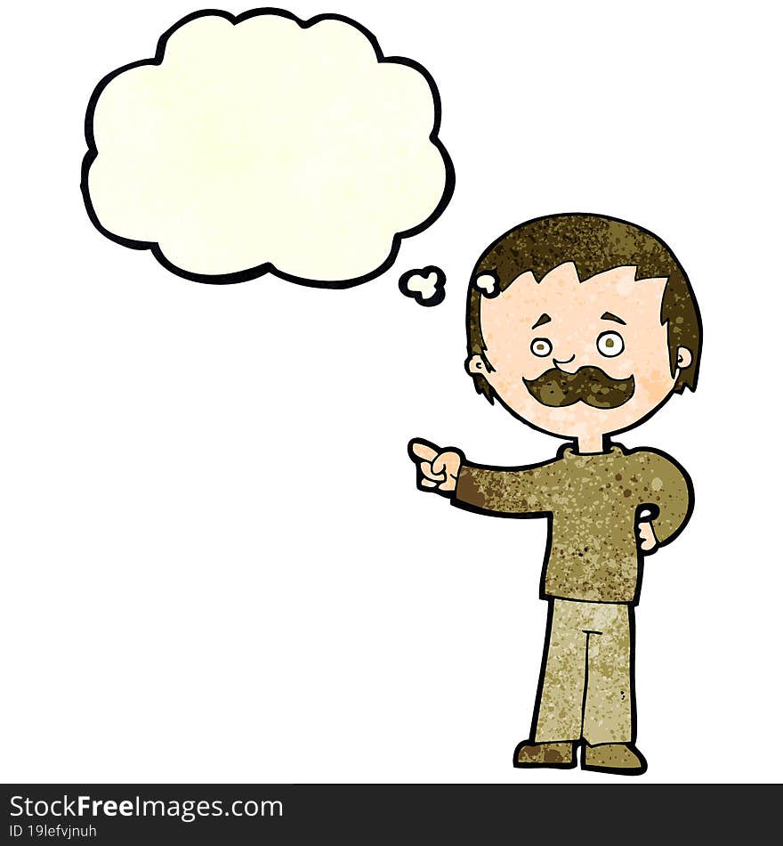 cartoon man with mustache pointing with thought bubble