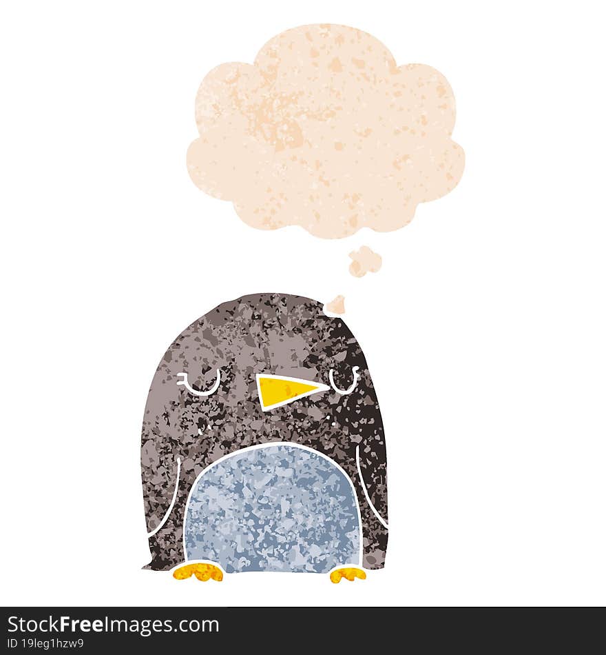 cartoon penguin and thought bubble in retro textured style