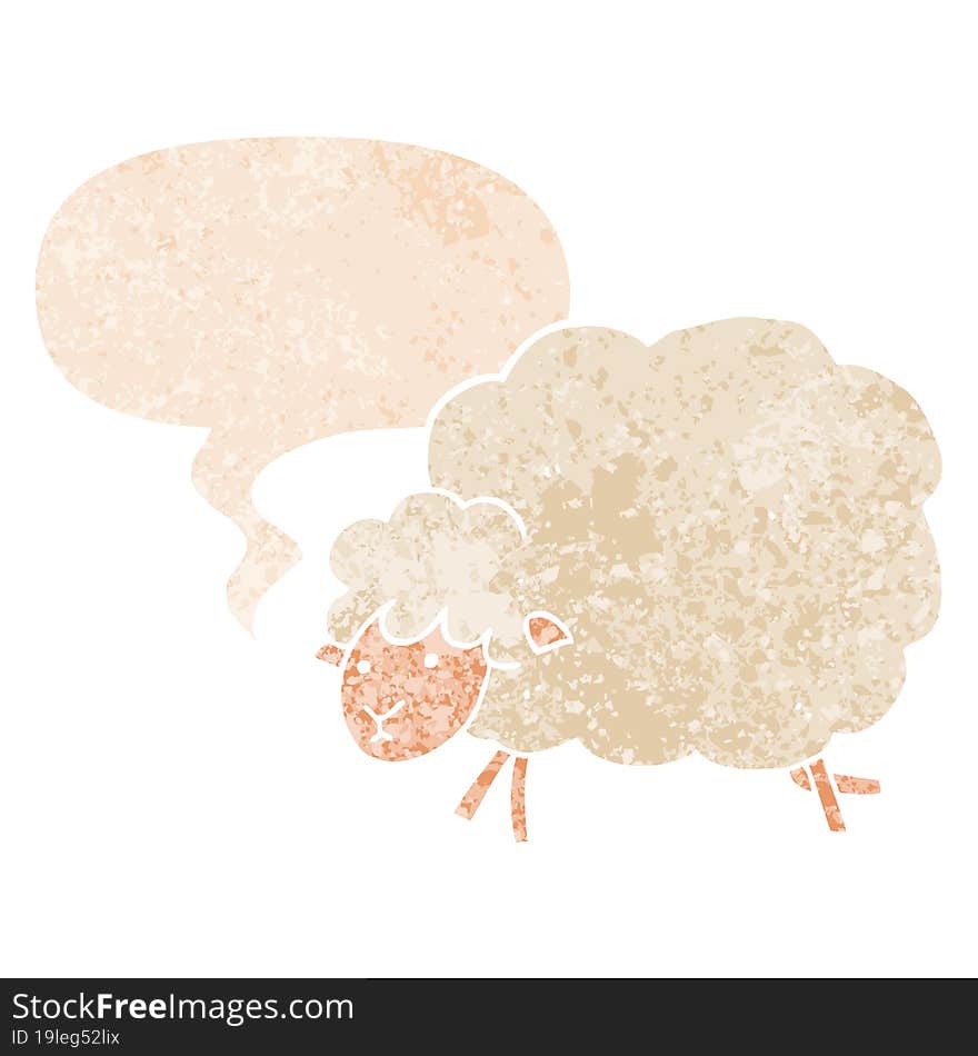 cartoon sheep and speech bubble in retro textured style