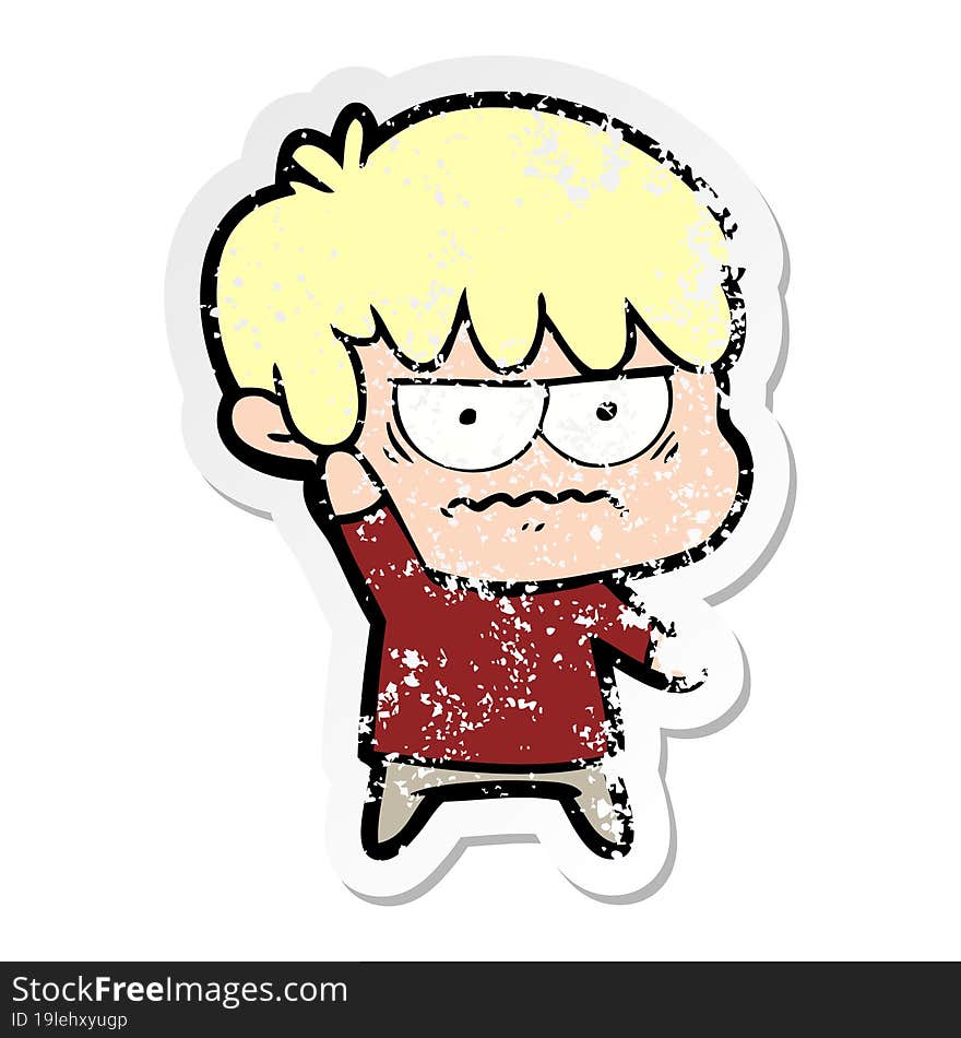 distressed sticker of a annoyed cartoon boy