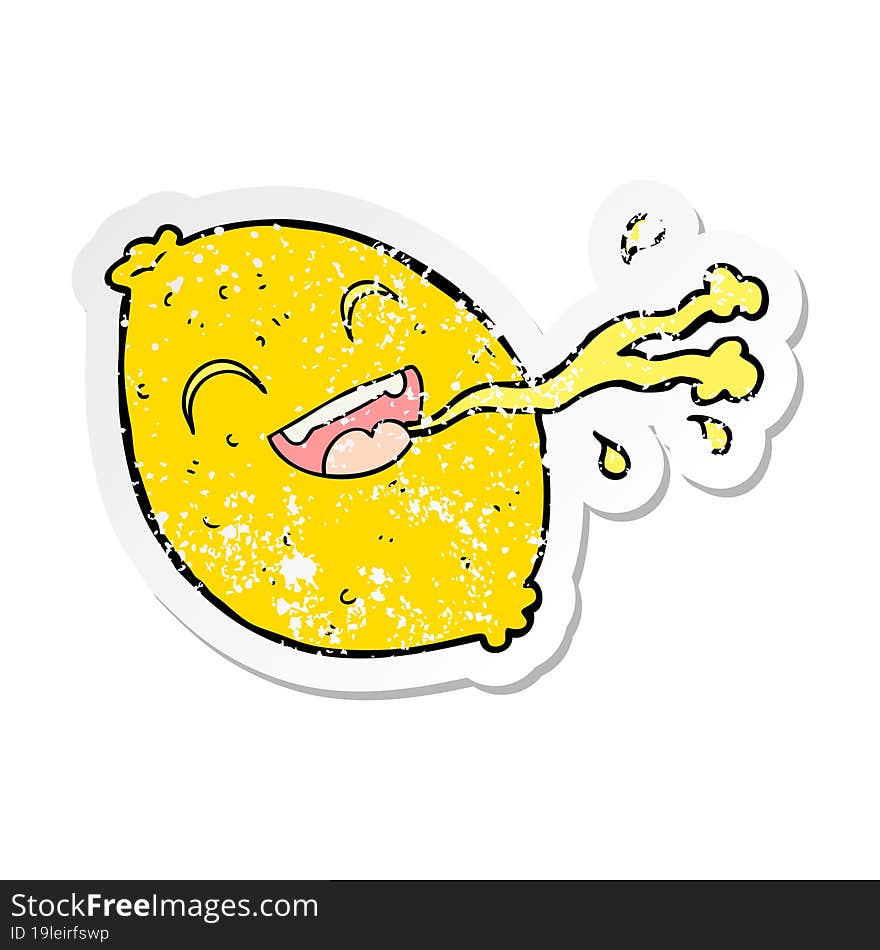 distressed sticker of a cartoon squirting lemon