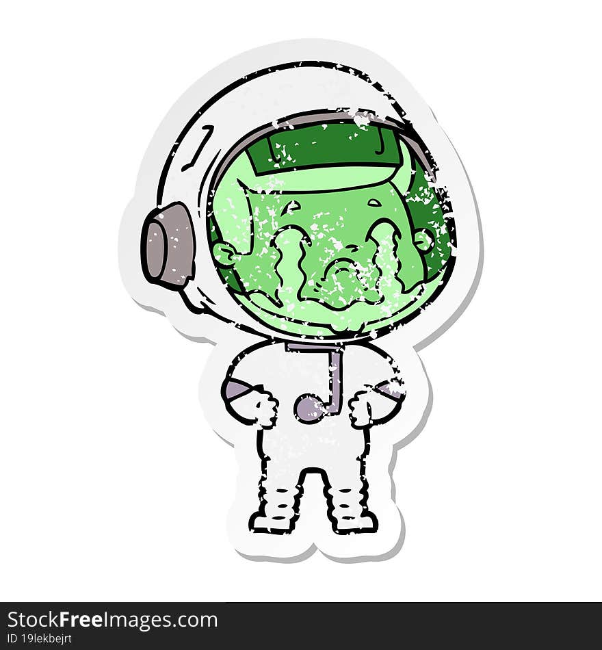 distressed sticker of a cartoon crying astronaut