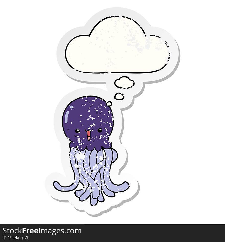 cartoon jellyfish and thought bubble as a distressed worn sticker