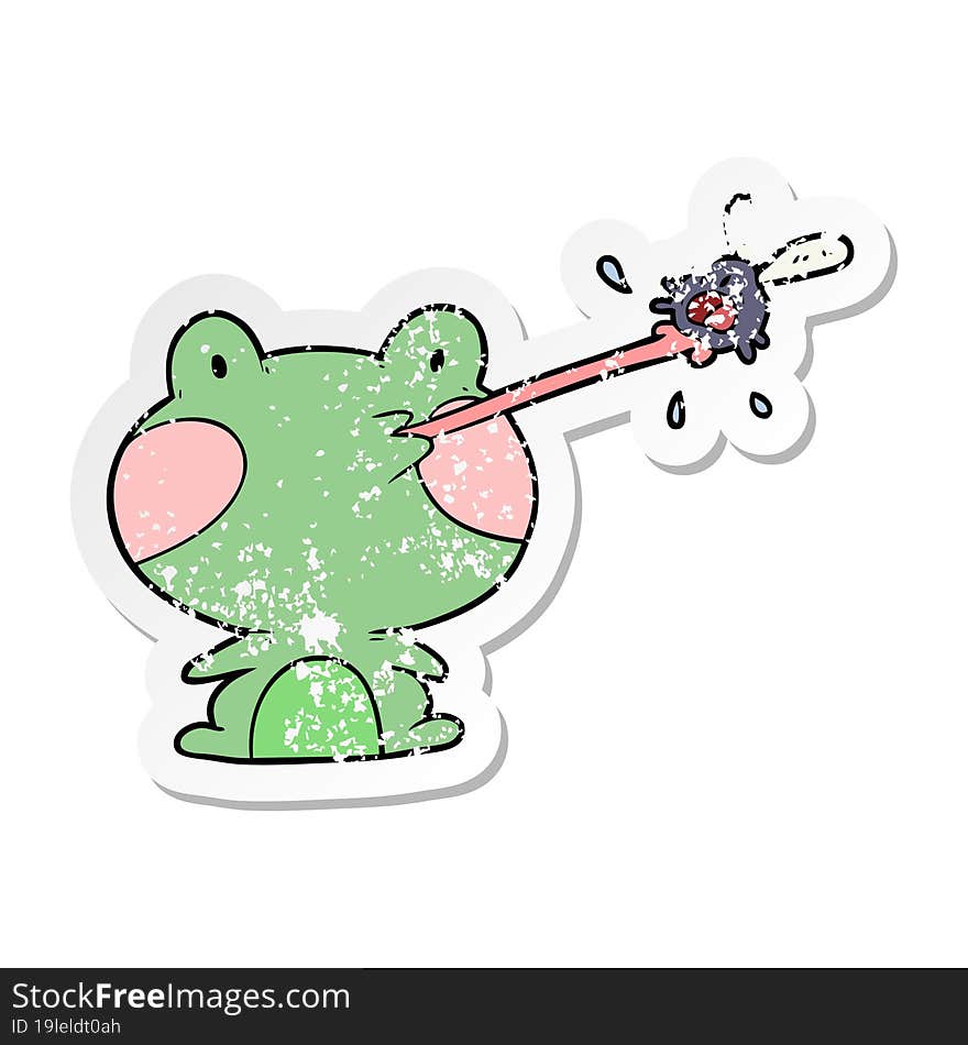 distressed sticker of a cartoon frog catching fly