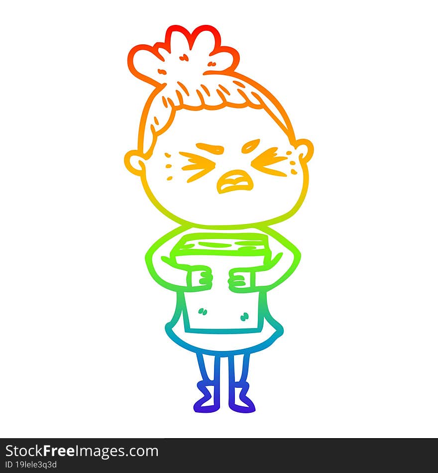 rainbow gradient line drawing of a cartoon angry woman