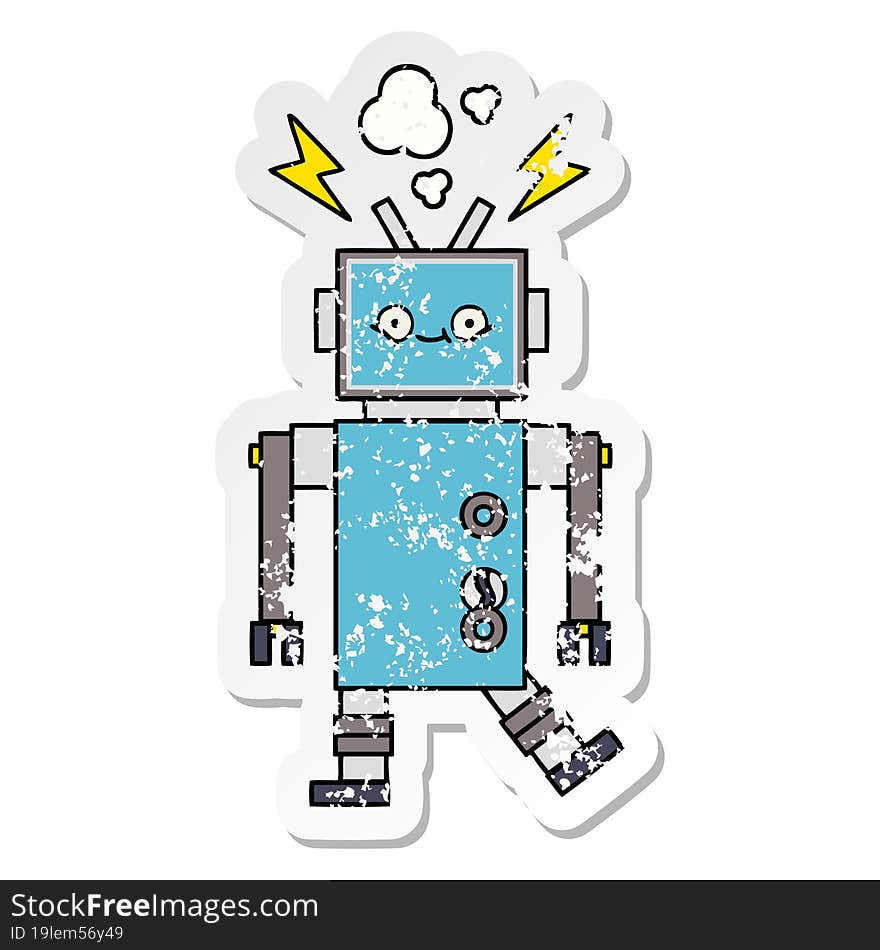 Distressed Sticker Of A Cute Cartoon Dancing Robot