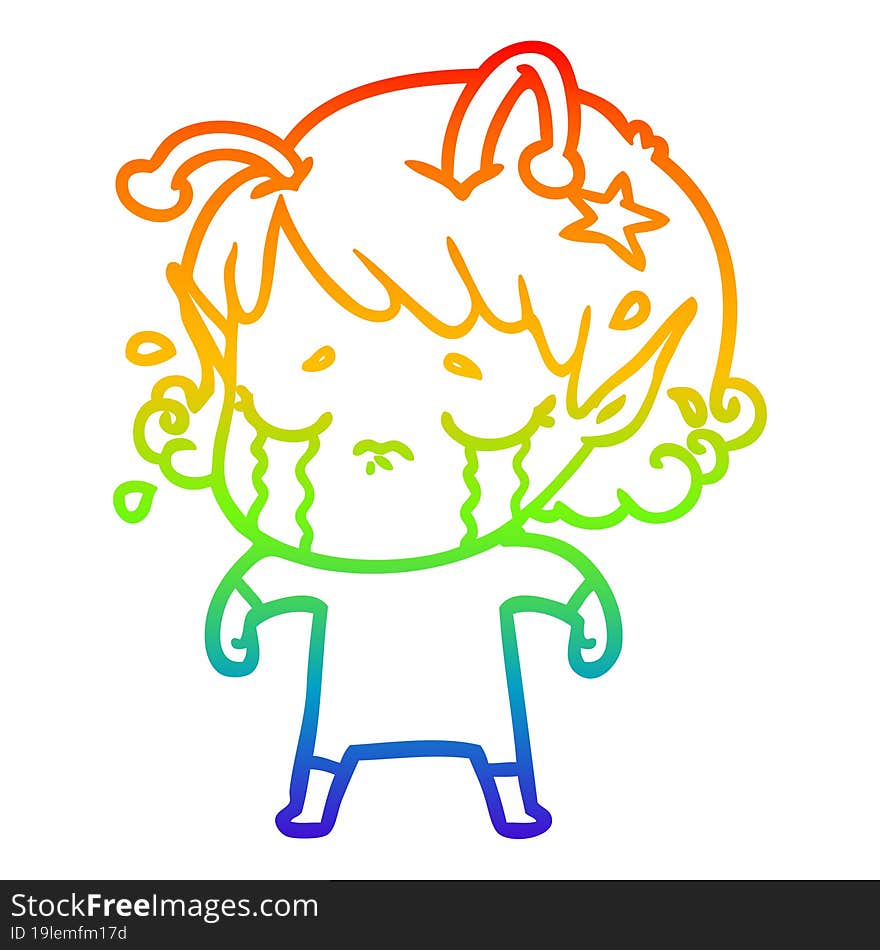 Rainbow Gradient Line Drawing Cartoon Crying Alien Girl