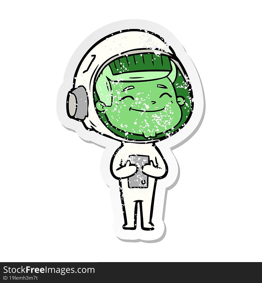 distressed sticker of a happy cartoon astronaut