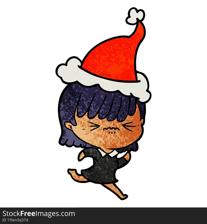 annoyed textured cartoon of a girl wearing santa hat