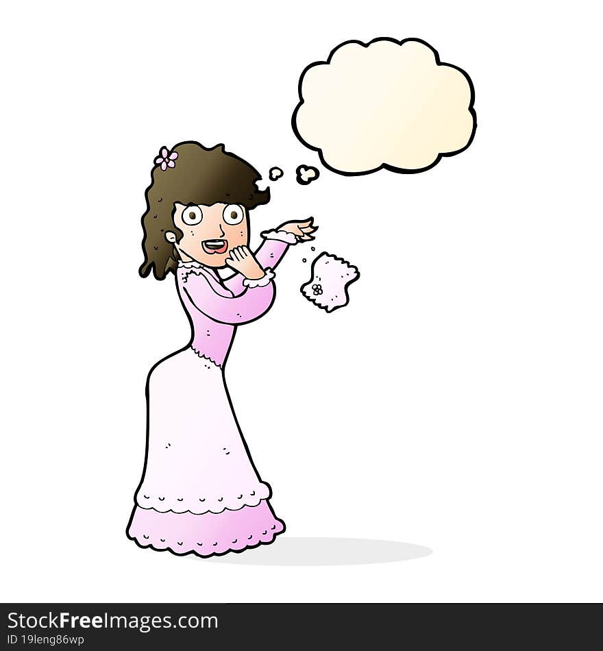 cartoon victorian woman dropping handkerchief with thought bubble