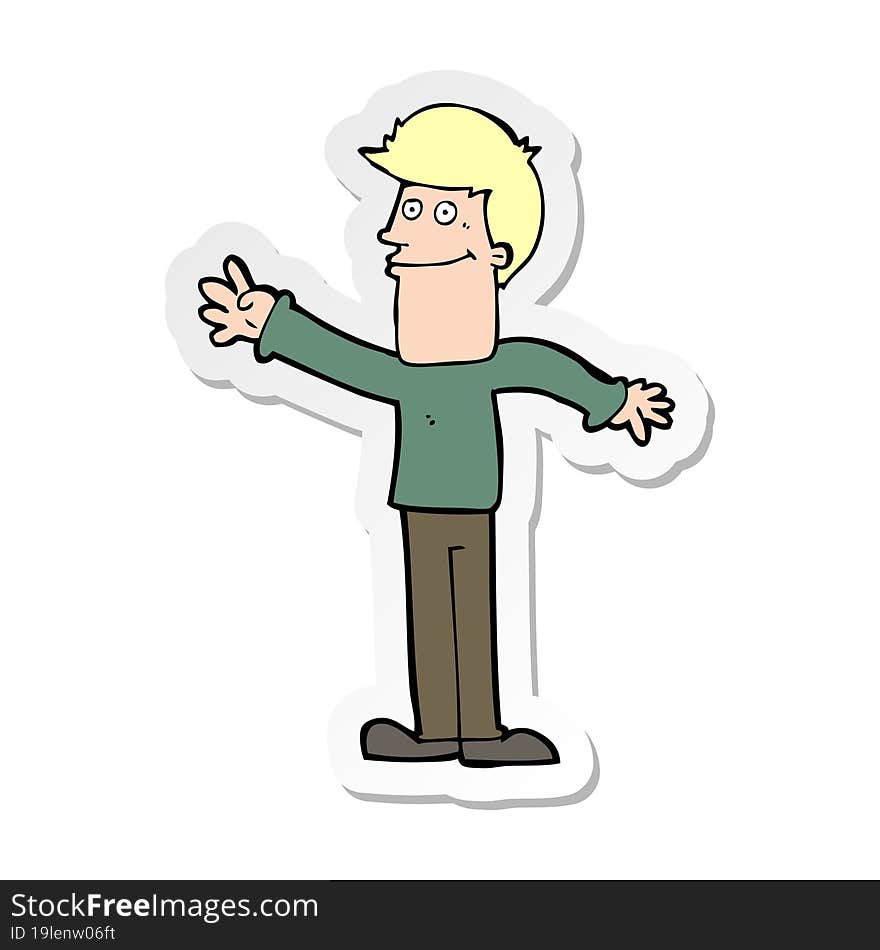 sticker of a cartoon happy man waving