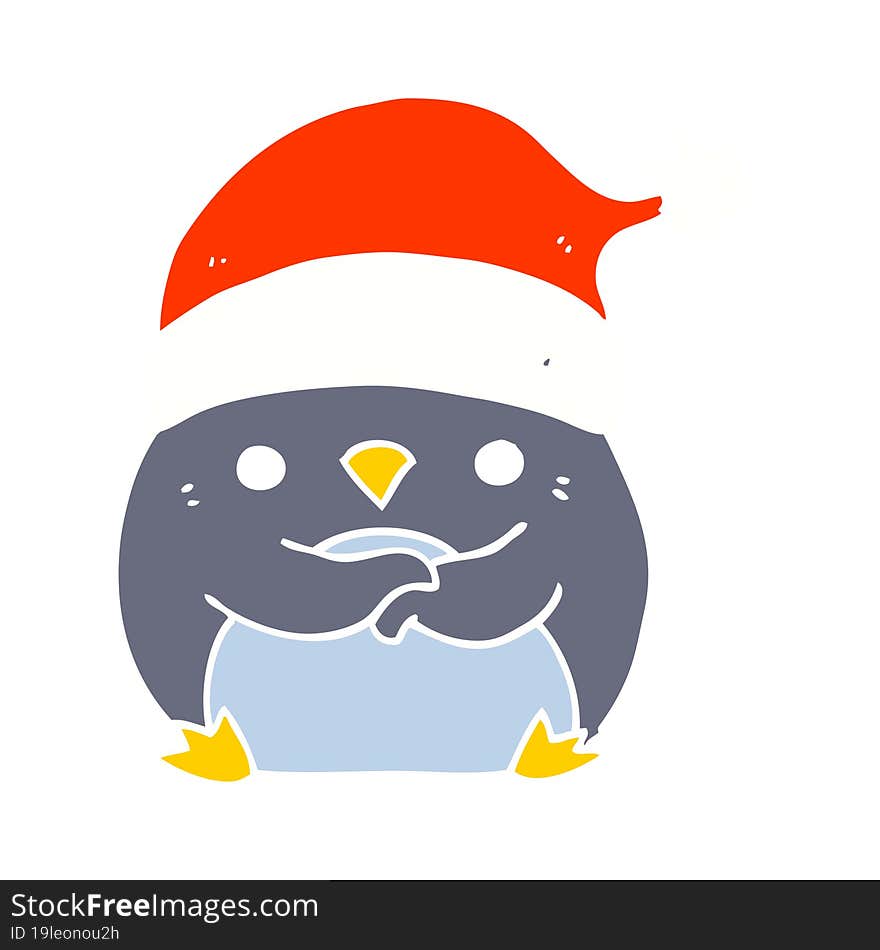 Cute Flat Color Style Cartoon Penguin Wearing Christmas Hat