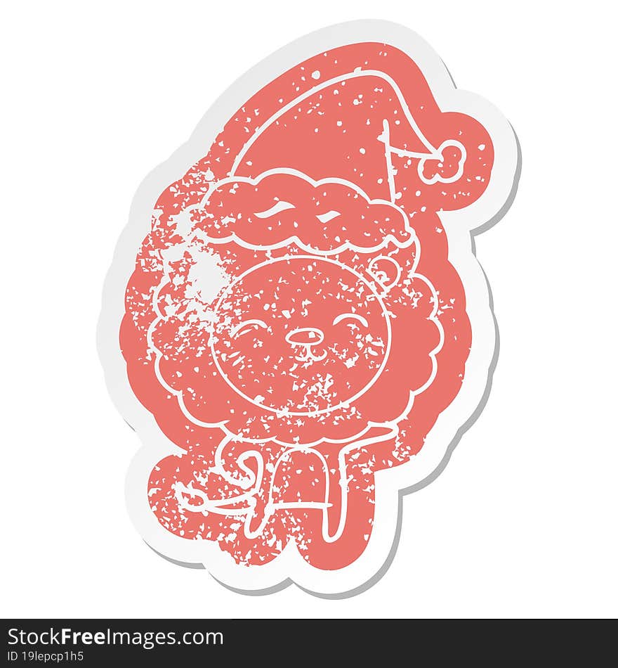 cartoon distressed sticker of a lion wearing santa hat