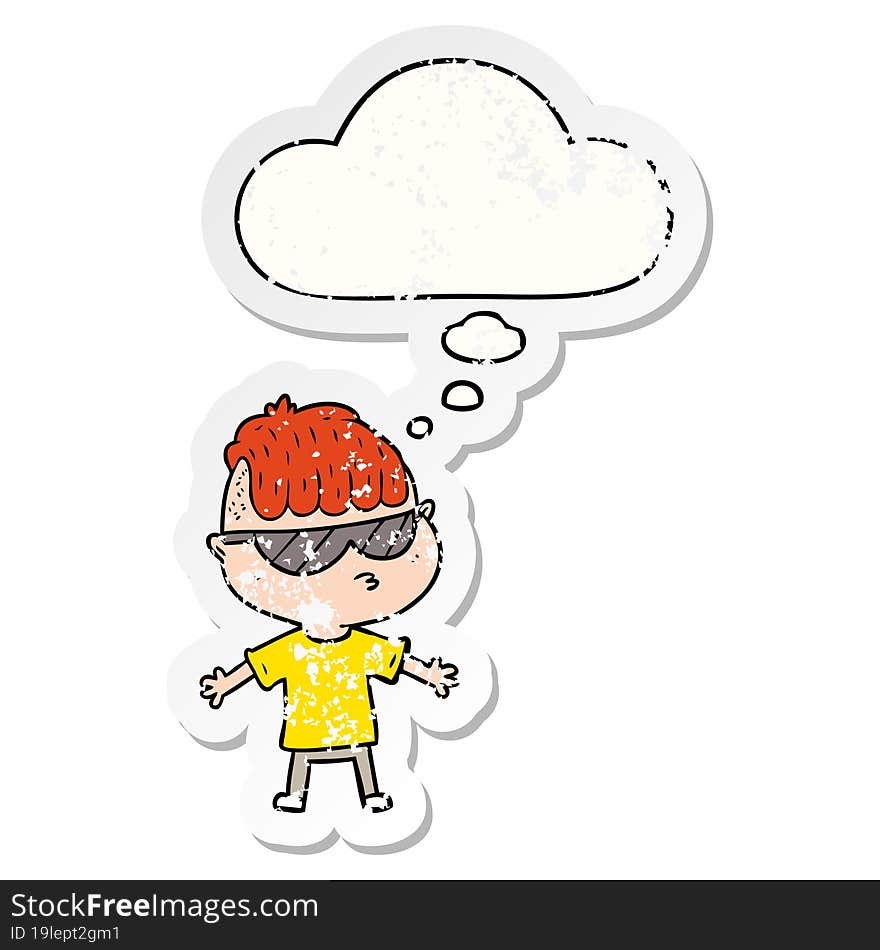 cartoon boy wearing sunglasses with thought bubble as a distressed worn sticker