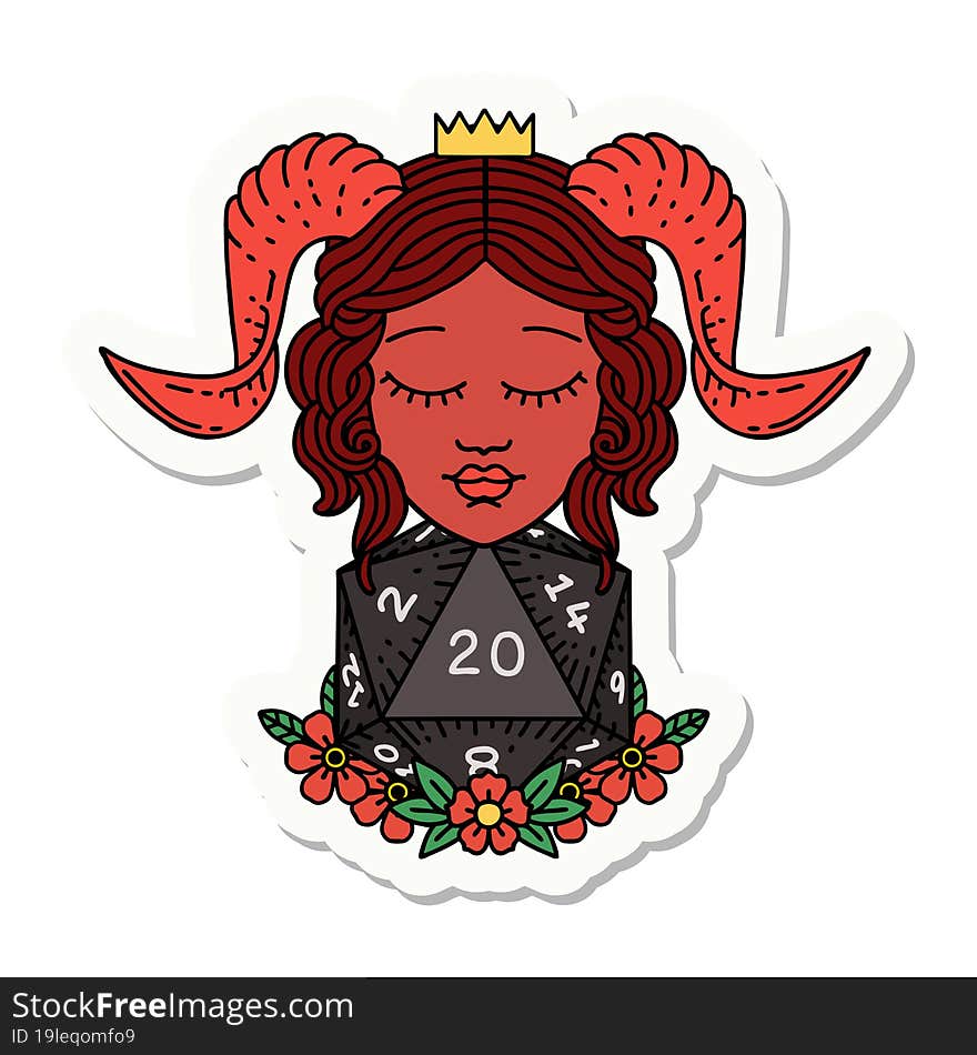 sticker of a tiefling with natural twenty d20 dice roll. sticker of a tiefling with natural twenty d20 dice roll