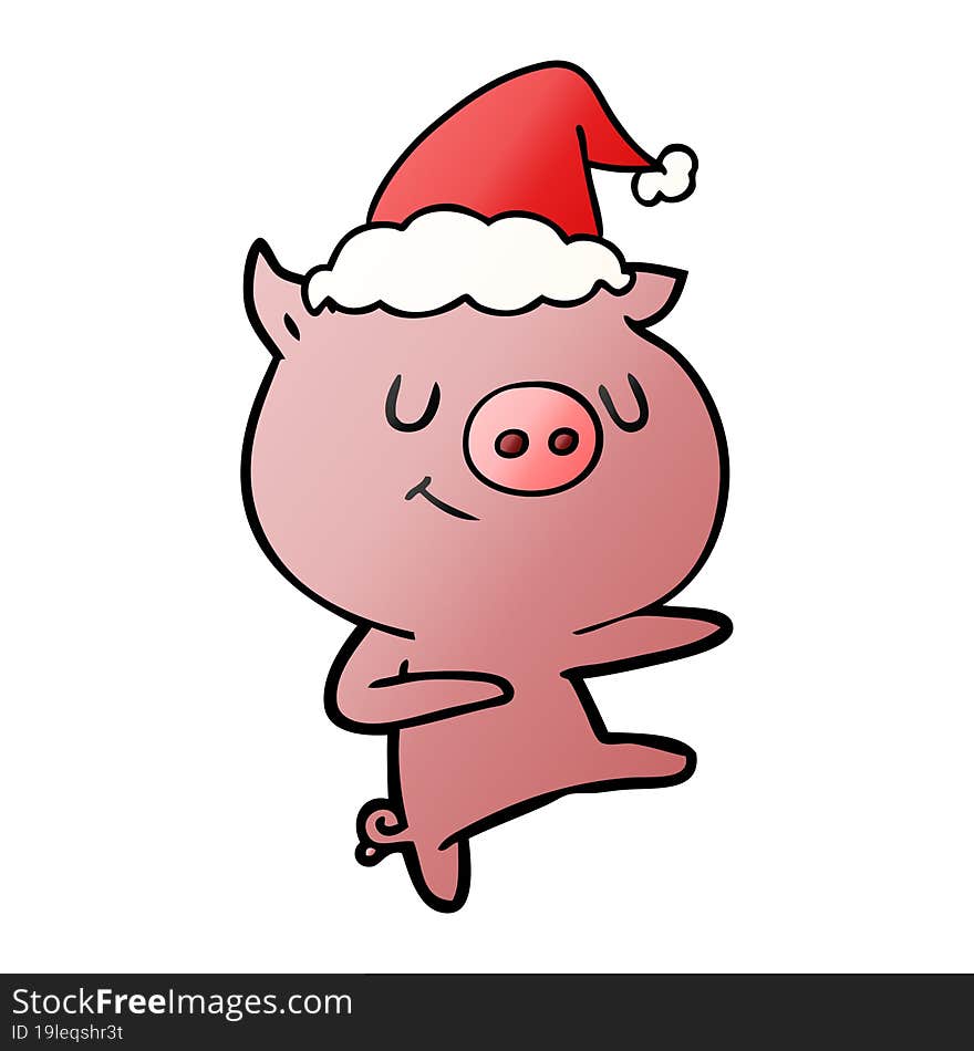 happy gradient cartoon of a pig dancing wearing santa hat