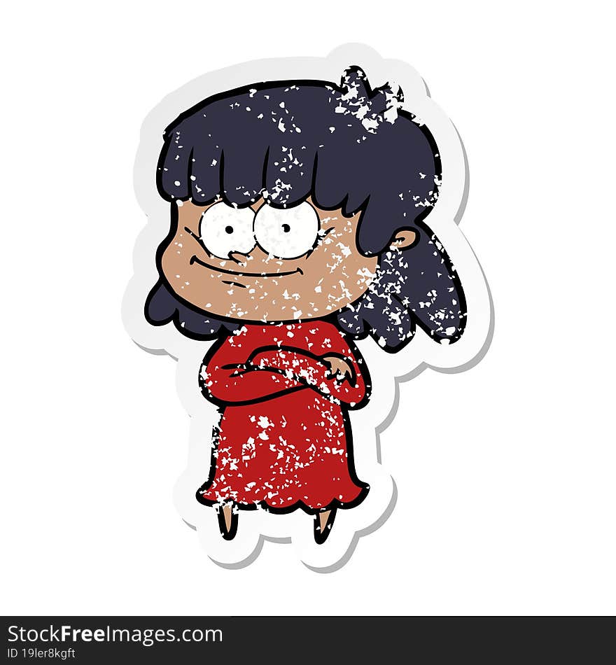 distressed sticker of a cartoon smiling woman