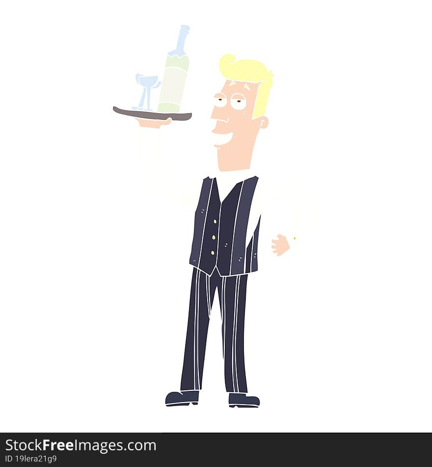 Flat Color Illustration Of A Cartoon Waiter