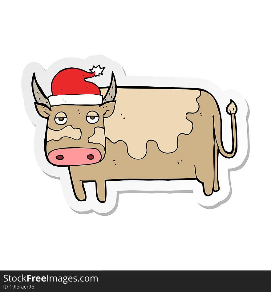 sticker of a cartoon cow with christmas hat