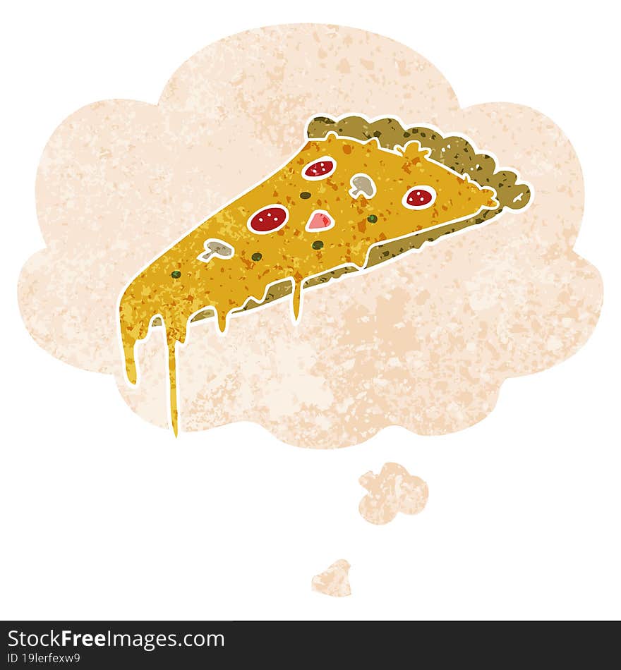 cartoon pizza slice and thought bubble in retro textured style