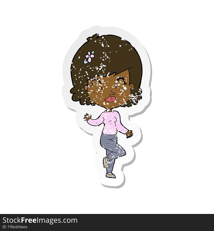 Retro Distressed Sticker Of A Cartoon Pretty Woman Dancing