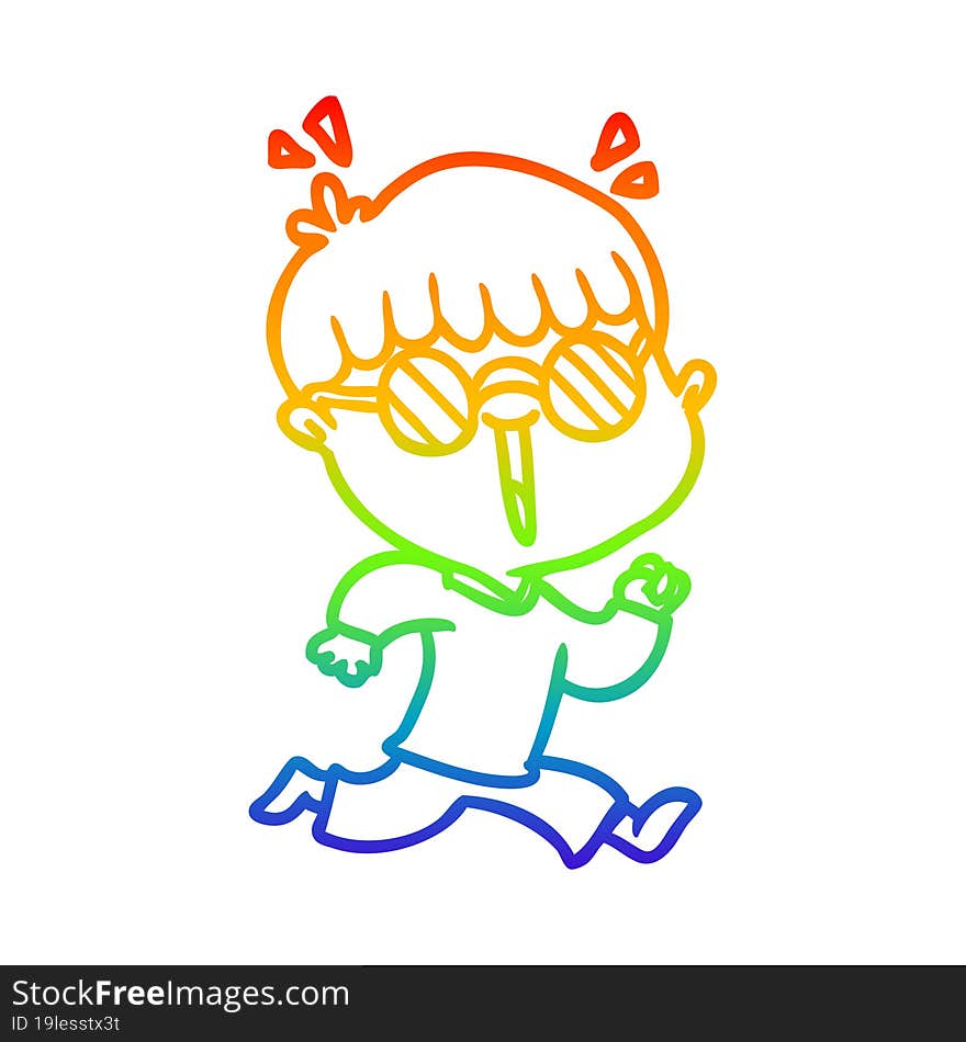 rainbow gradient line drawing cartoon running boy wearing spectacles