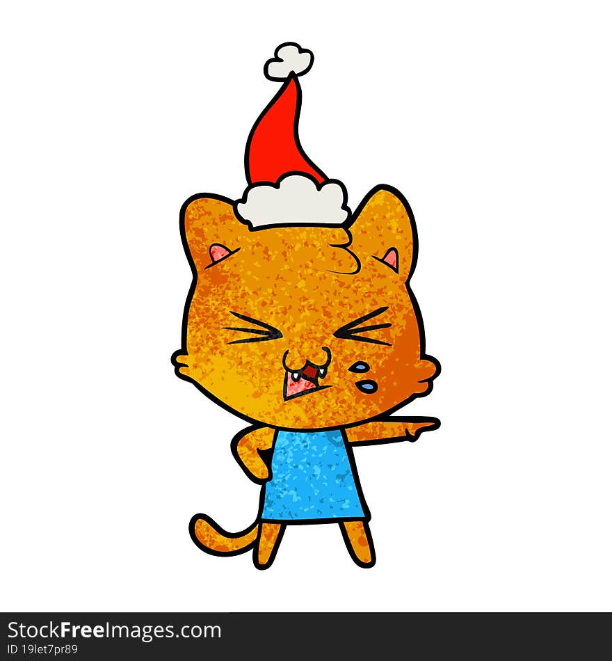 Textured Cartoon Of A Hissing Cat Wearing Santa Hat