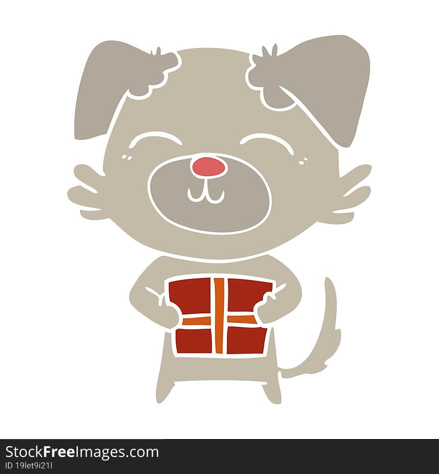 flat color style cartoon dog with present