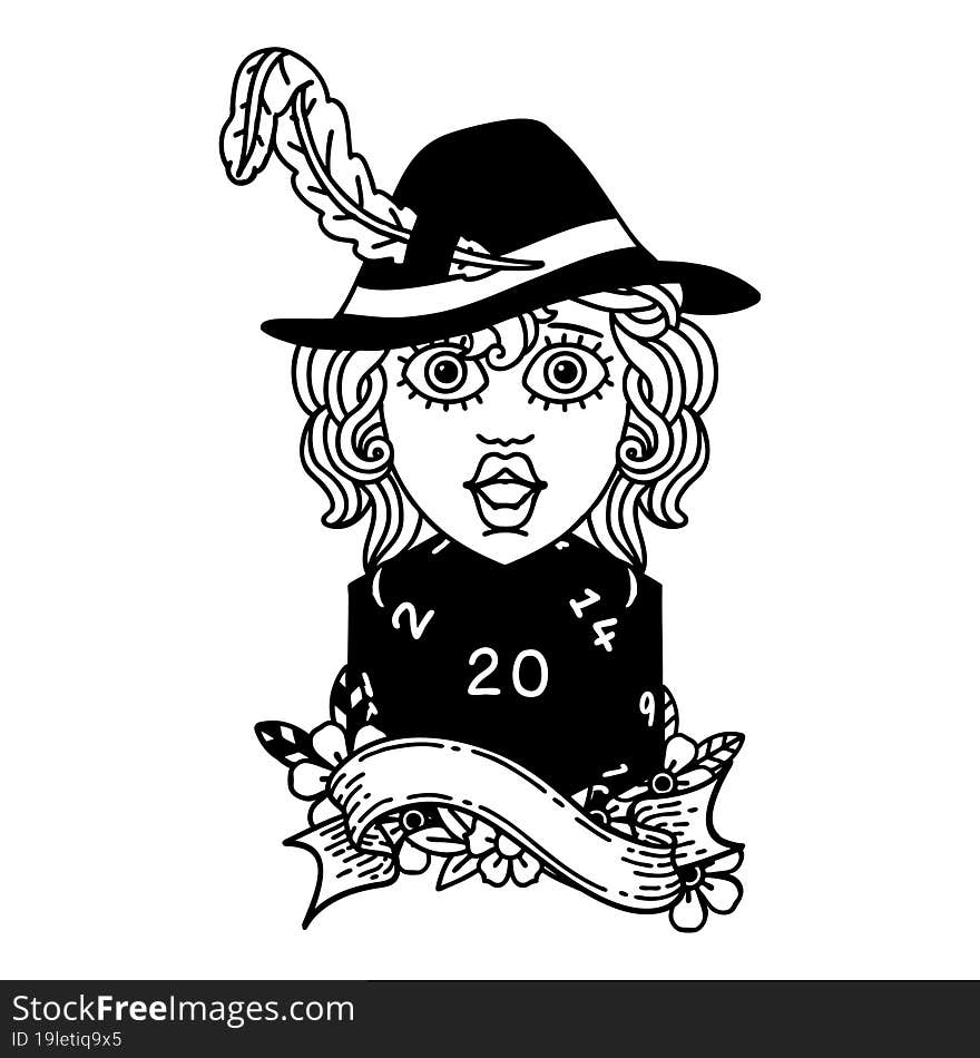 Black and White Tattoo linework Style human bard with natural 20 dice roll. Black and White Tattoo linework Style human bard with natural 20 dice roll