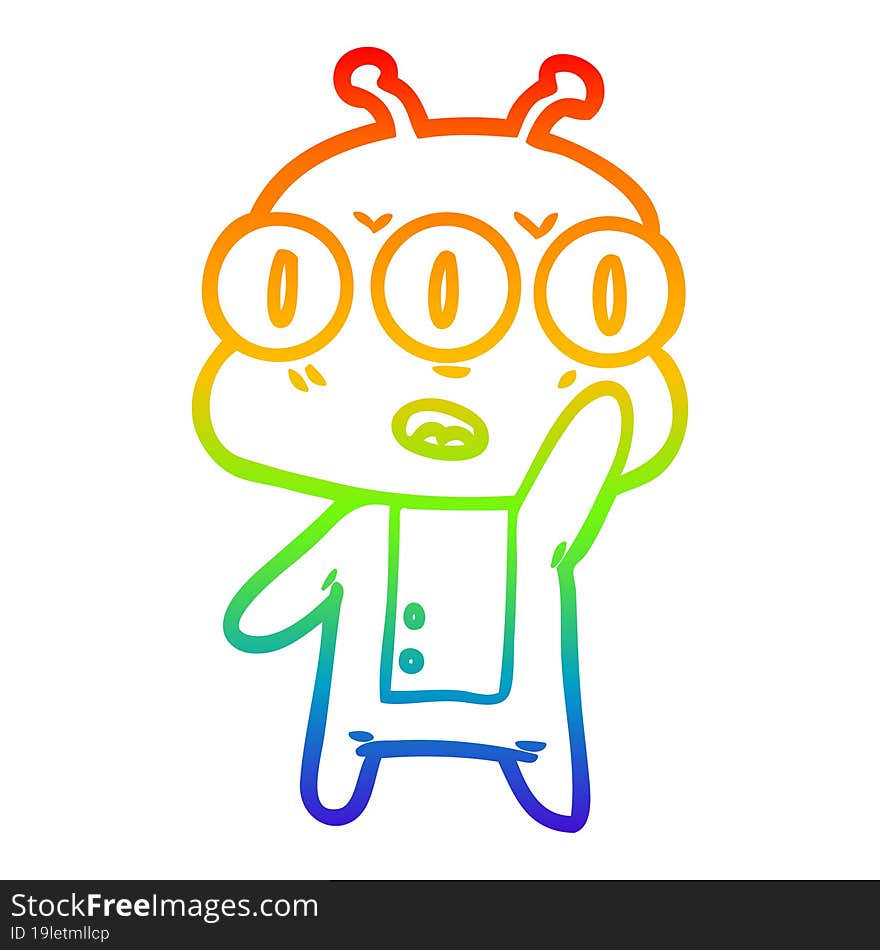 rainbow gradient line drawing cartoon three eyed alien waving