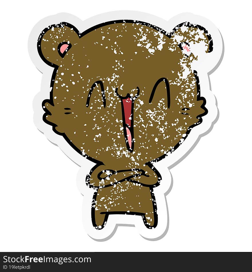 distressed sticker of a happy bear cartoon