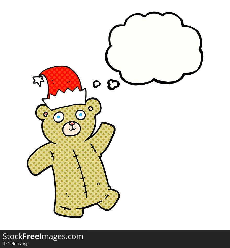 freehand drawn thought bubble cartoon teddy bear wearing christmas hat