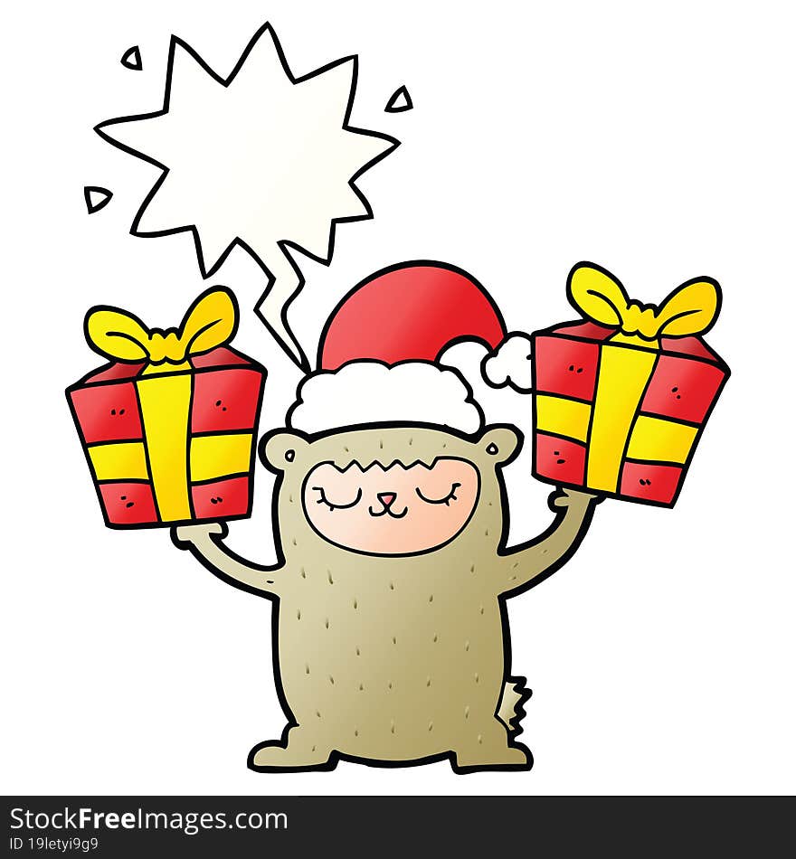 cartoon christmas bear and speech bubble in smooth gradient style