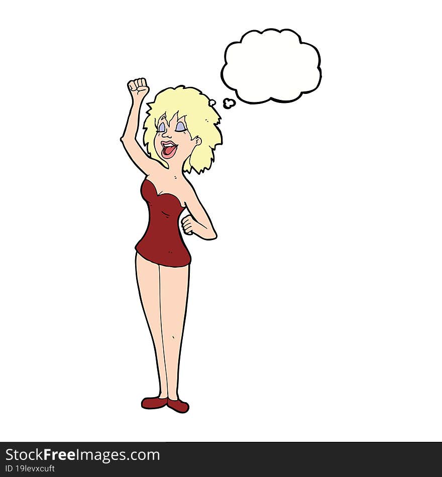 cartoon dancing woman with thought bubble