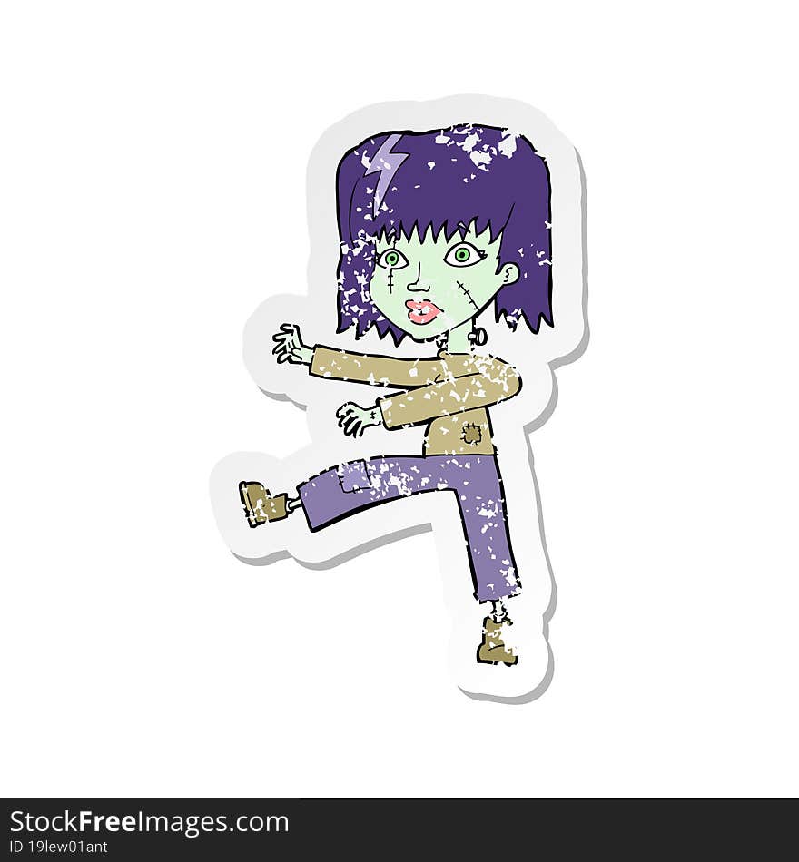 retro distressed sticker of a cartoon zombie girl