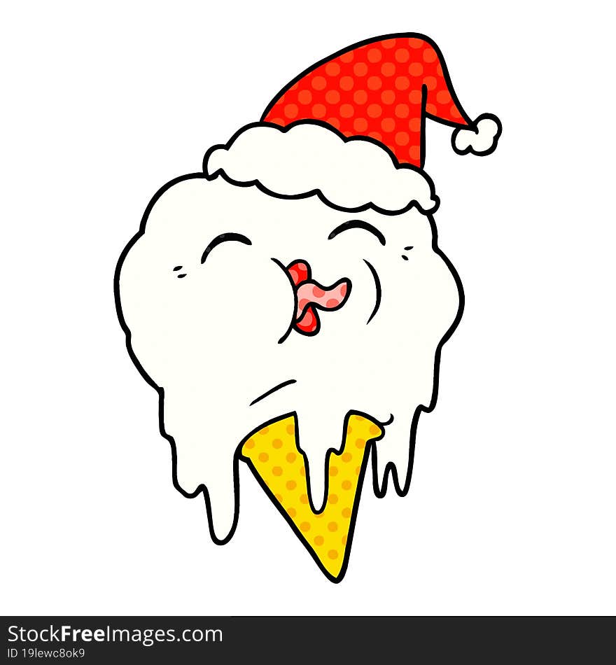 Comic Book Style Illustration Of A Melting Ice Cream Wearing Santa Hat