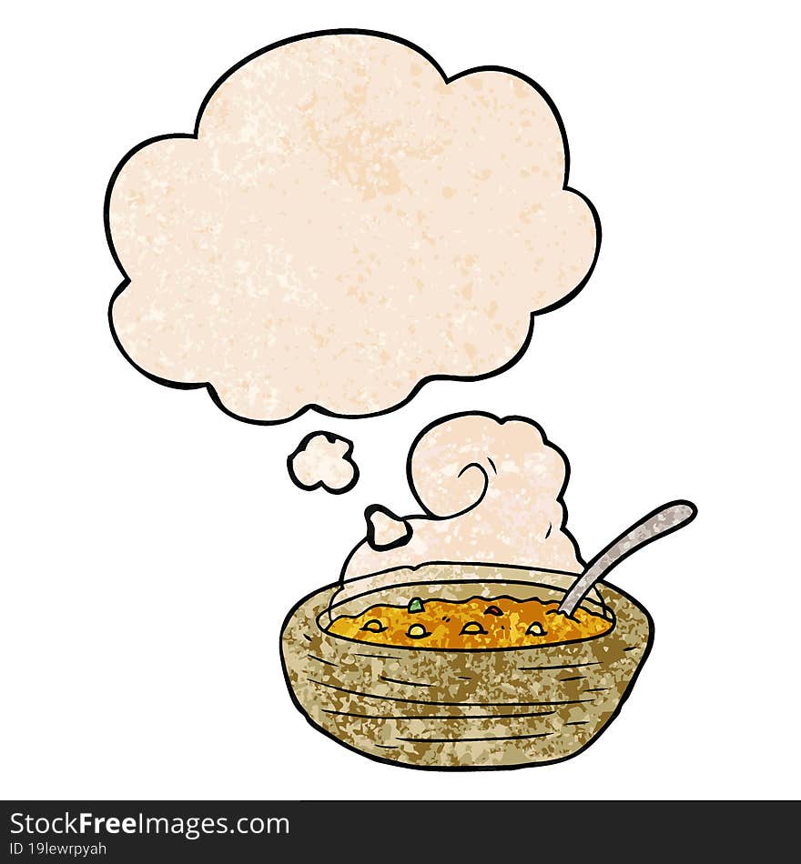 Cartoon Bowl Of Hot Soup And Thought Bubble In Grunge Texture Pattern Style