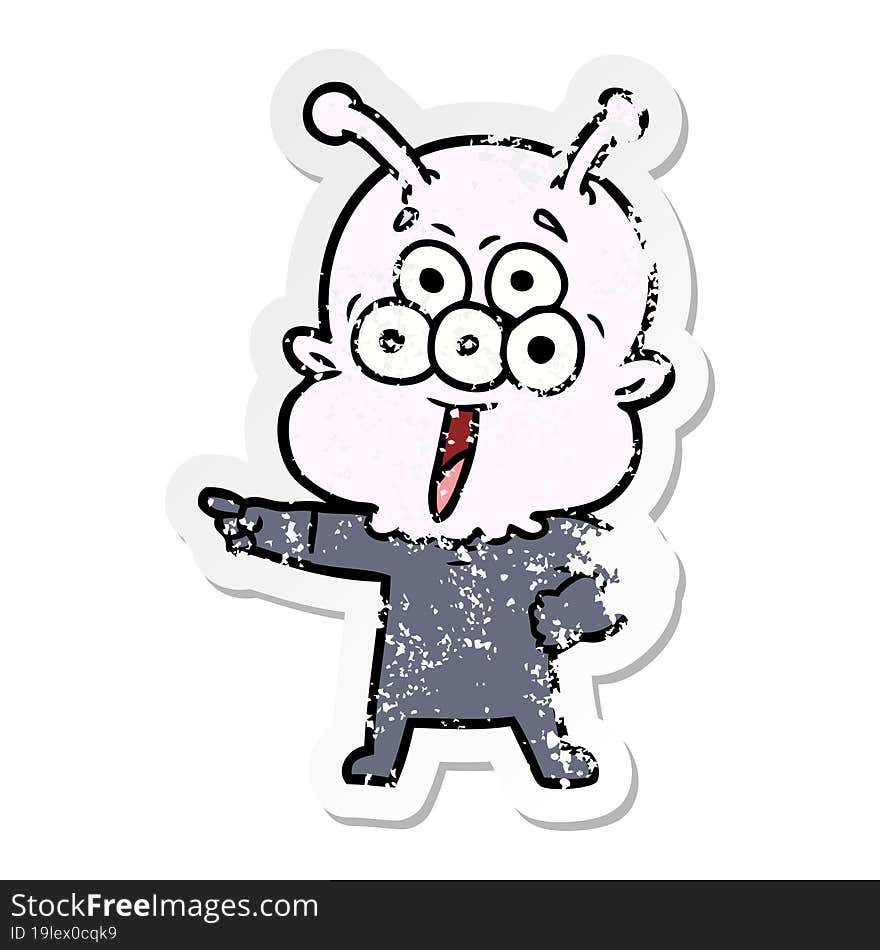 distressed sticker of a happy cartoon alien pointing