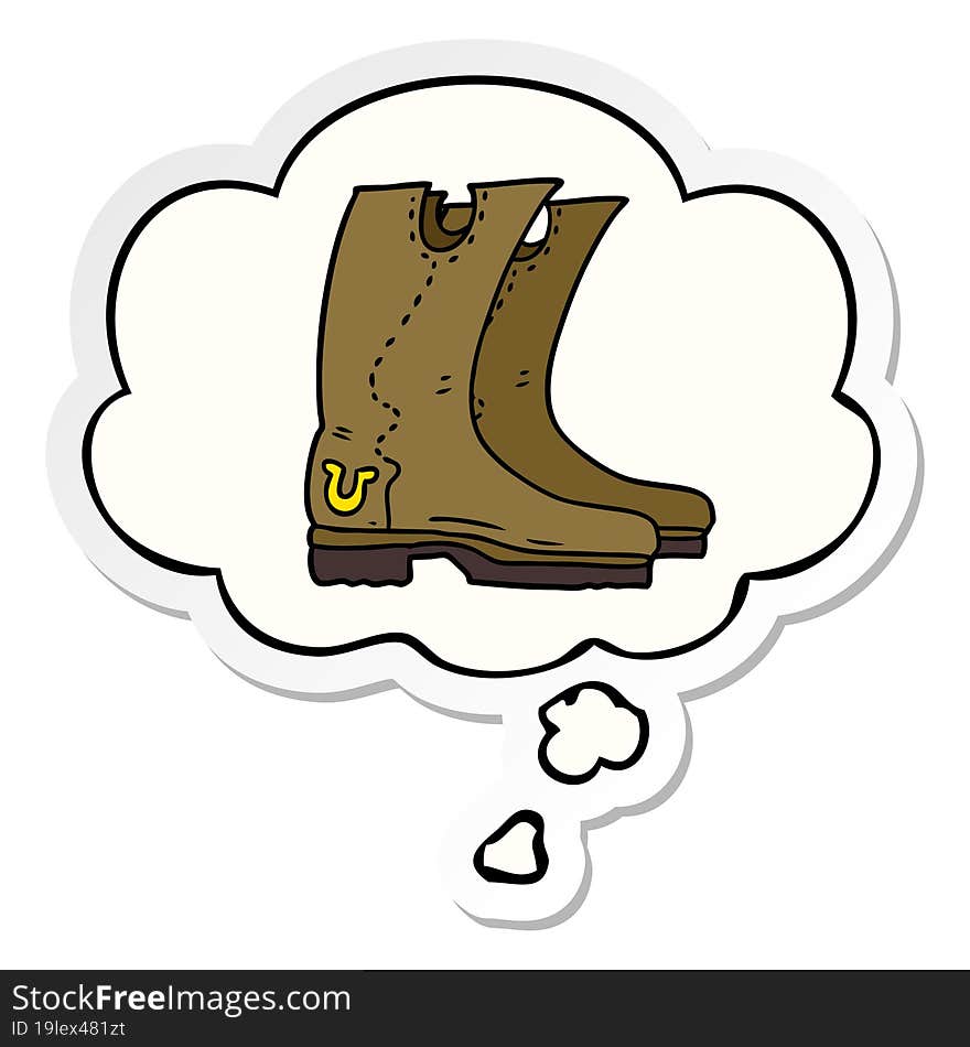 cartoon cowboy boots and thought bubble as a printed sticker