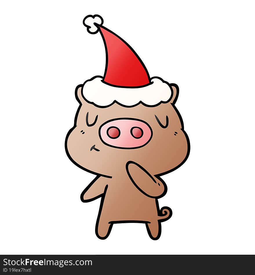 gradient cartoon of a content pig wearing santa hat