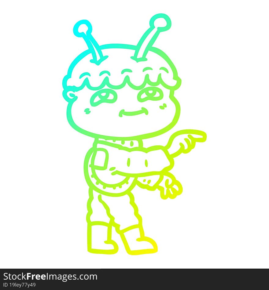 cold gradient line drawing friendly cartoon spaceman pointing