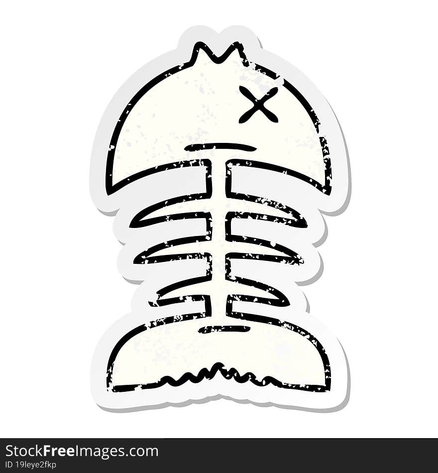 distressed sticker of a quirky hand drawn cartoon dead fish bone