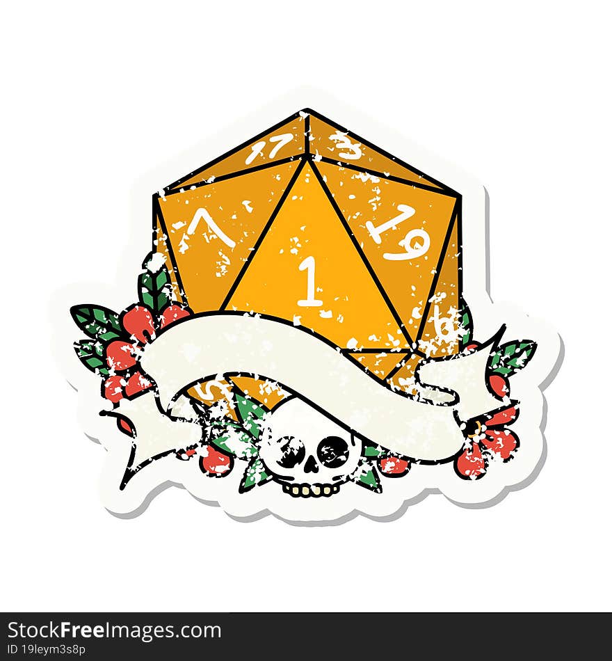 grunge sticker of a natural one d20 dice roll. grunge sticker of a natural one d20 dice roll