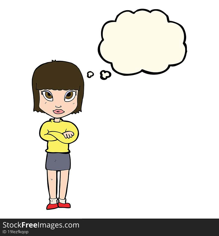 cartoon woman with crossed arms with thought bubble