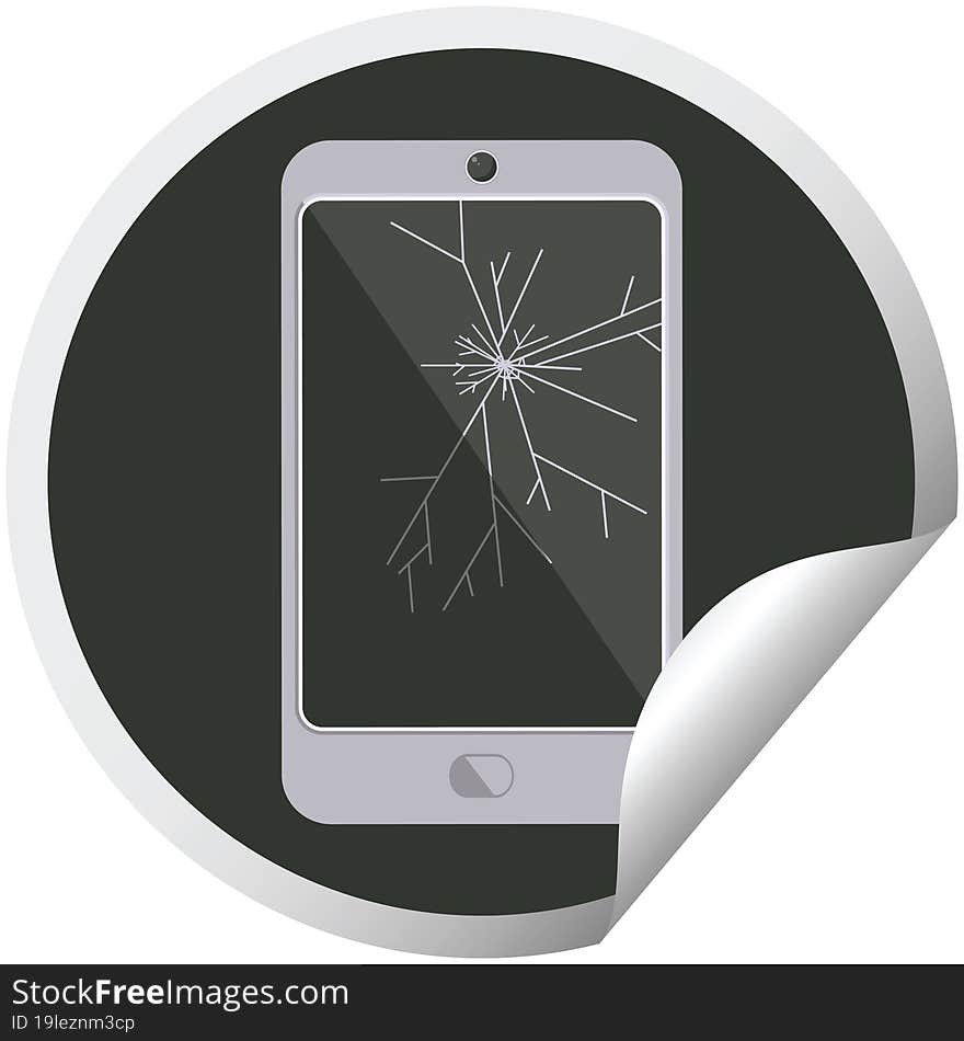 cracked screen cell phone graphic vector illustration circular sticker. cracked screen cell phone graphic vector illustration circular sticker