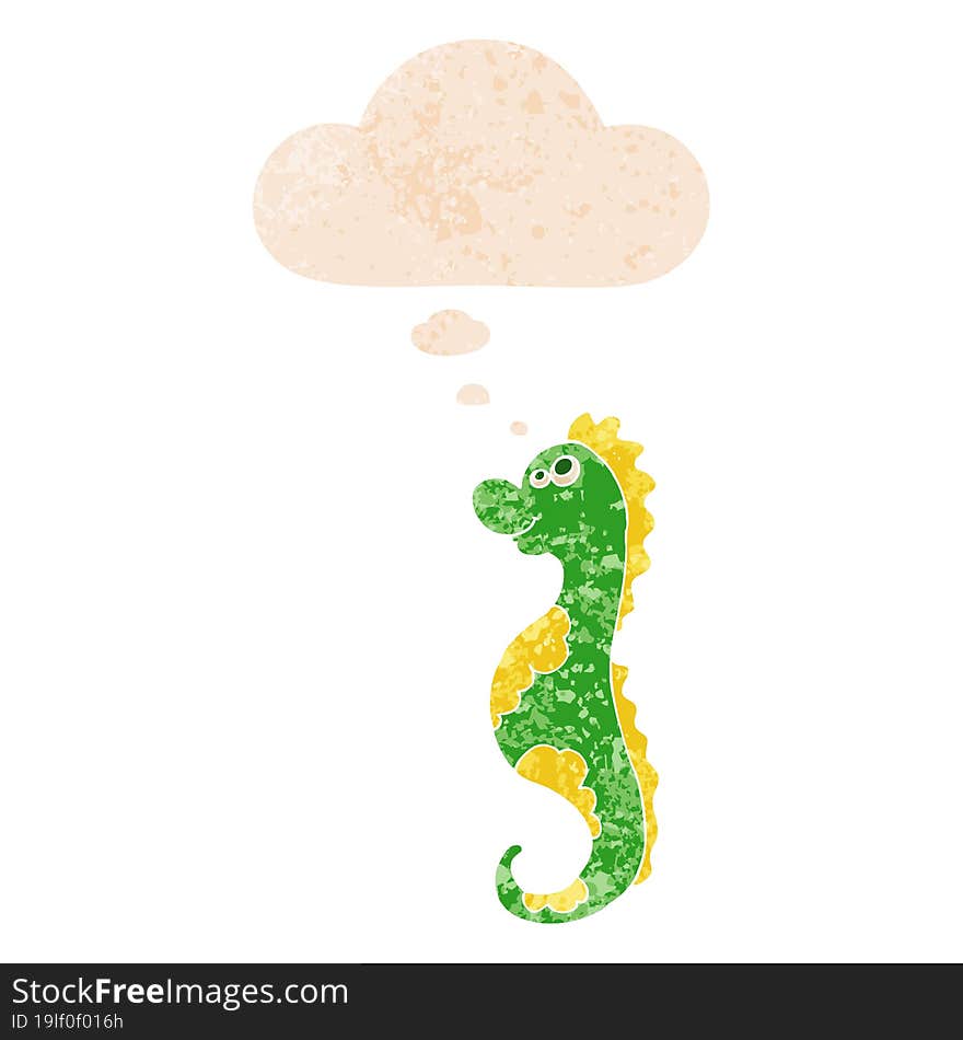 cartoon sea horse and thought bubble in retro textured style