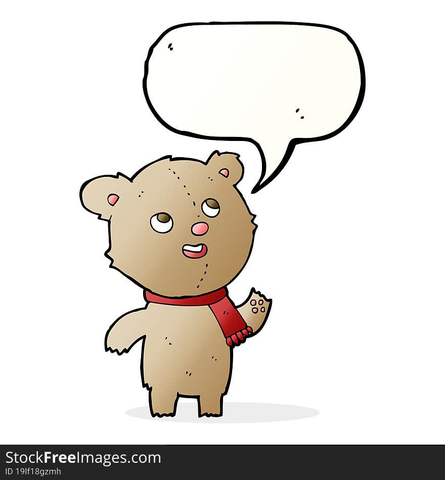 cartoon teddy bear wearing scarf with speech bubble